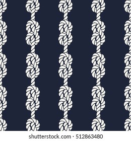 Seamless nautical rope pattern. Endless navy illustration with white loop ornament. Marine figure eight knots on dark blue backdrop. Trendy maritime style background. For fabric, wallpaper, wrapping