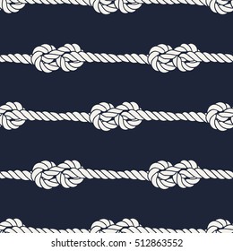 Seamless nautical rope pattern. Endless navy illustration with white loop ornament. Marine figure eight knots on dark blue backdrop. Trendy maritime style background. For fabric, wallpaper, wrapping