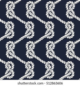 Seamless nautical rope pattern. Endless navy illustration with white loop ornament. Marine figure eight knots on dark blue backdrop. Trendy maritime style background. For fabric, wallpaper, wrapping