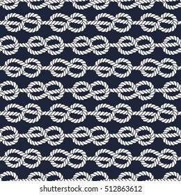 Seamless nautical rope pattern. Endless navy illustration with white loop ornament. Marine figure eight knots on dark blue backdrop. Trendy maritime style background. For fabric, wallpaper, wrapping