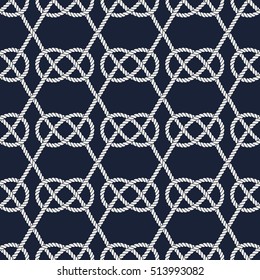 Seamless nautical rope pattern. Endless navy illustration with white loop ornament. Marine Carrick Bend knots on dark blue backdrop. Trendy maritime style background. For fabric, wallpaper, wrapping