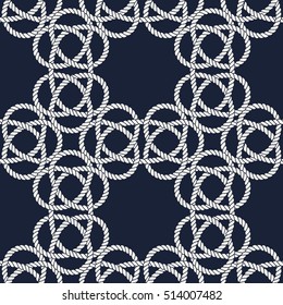 Seamless nautical rope pattern. Endless navy illustration with white loop ornament. Marine Carrick Bend knots on dark blue backdrop. Trendy maritime style background. For fabric, wallpaper, wrapping
