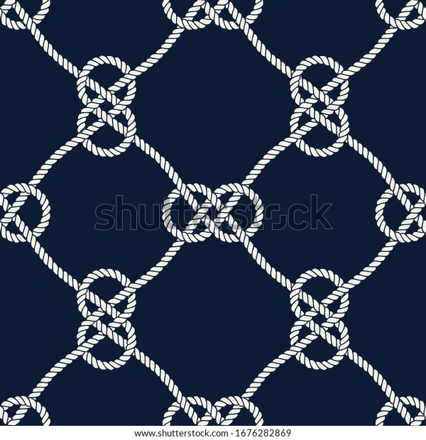 Seamless nautical rope\
pattern. Endless navy illustration with white loop ornament. Marine\
Carrick Bend knots on dark blue backdrop. Trendy maritime style\
background. 