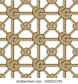Seamless nautical rope pattern vector. Endless navy illustration with loop cord lines ornament. Endless navy illustration with fishing net ornament and marine knots.