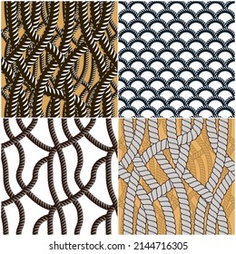 Seamless nautical rope patterns vector set. Endless navy illustration with loop cord lines ornaments collection. Endless navy illustrations with fishing net ornament and marine knots.