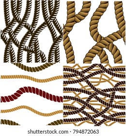 Seamless nautical rope patterns vector set. Endless navy illustration with loop cord lines ornaments collection. Endless navy illustrations with fishing net ornament and marine knots.