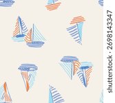 Seamless nautical sailboat vector pattern in blue and orange tones