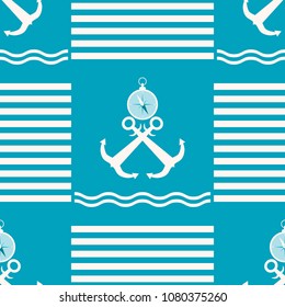 Seamless nautical sea pattern with strips, waves, anchors and compasses. Marine vector print blue and white colors