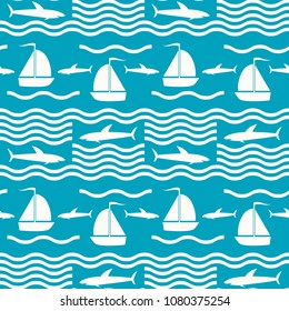 Seamless nautical sea pattern with waves, sharks and sailing ships. Marine vector print blue and white colors