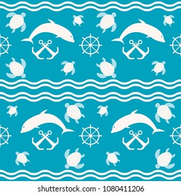 Seamless nautical sea pattern. Waves, anchors, ship steering wheels, diving and floating marine dwellers. Marine blue and white vector print