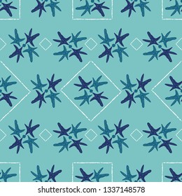 Seamless, nautical starfish pattern with geometric shapes.  Navy blue, teal and white on turquoise .  Fresh clean coastal look that says vacation, beach wedding or resort and spa. Vector.