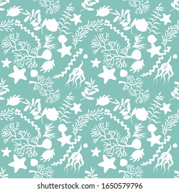 Seamless nautical theme background. Caralli, seagrass, shells. Vector illustration.