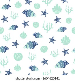 Seamless nautical theme pattern. doodles, starfish, algae, shells, mollusks on a white isolated background. Hand-drawn vector stock illustration. background