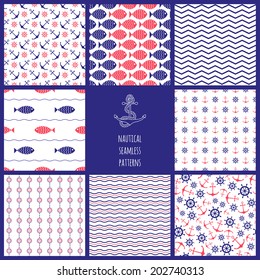 Seamless nautical themed patterns set. 