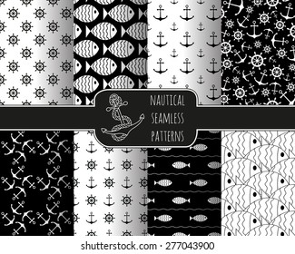 Seamless nautical themed patterns set. Anchors, ship wheel, fish, chevron, waves. Design elements for wall paper, baby shower invitation, birthday card, scrapbooking, fabric print. Vector illustration