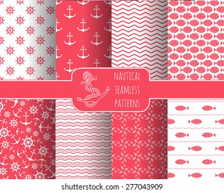 Seamless nautical themed patterns set. Anchors, ship wheel, fish, chevron, waves. Design elements for wall paper, baby shower invitation, birthday card, scrapbooking, fabric print. Vector illustration