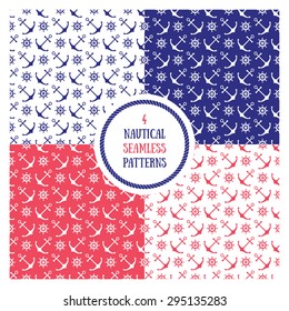 Seamless nautical themed patterns set. Anchors, ship wheels. Design elements for wall paper, baby shower invitation, birthday card, scrapbooking, fabric print, packaging, web site. Vector illustration