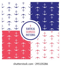 Seamless nautical themed patterns set. Design elements for wall paper, baby shower invitation, birthday card, scrapbooking, fabric print. Vector illustration