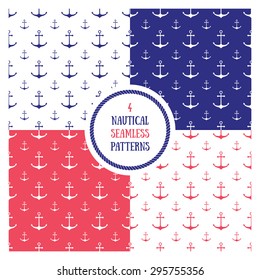 Seamless nautical themed patterns set. Anchors, ship wheel, fish, chevron, waves. Design elements for wall paper, baby shower invitation, birthday card, scrapbooking, fabric print. Vector illustration