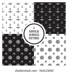 Seamless nautical themed patterns set with anchors. Design elements for wall paper, baby shower invitation, birthday card, scrapbooking, fabric print. Vector illustration