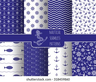 Seamless nautical themed patterns set. Anchors, ship wheel, fish, chevron, waves. Design elements for wall paper, baby shower invitation, birthday card, scrapbooking, fabric print. Vector illustration