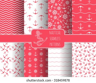 Seamless nautical themed patterns set. Anchors, ship wheel, fish, chevron, waves. Design elements for wall paper, baby shower invitation, birthday card, scrapbooking, fabric print. Vector illustration