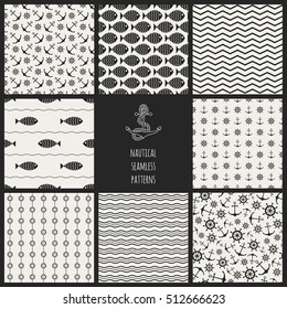 Seamless nautical themed patterns set. Anchors, ship wheel, fish, chevron, waves. Design elements for wall paper, baby shower invitation, birthday card, scrapbooking, fabric print. Vector illustration