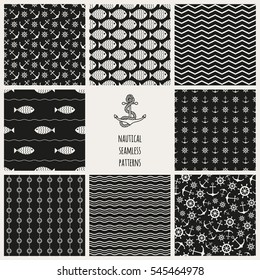 Seamless nautical themed patterns set. Anchors, ship wheel, fish, chevron, waves. Design elements for wall paper, baby shower invitation, birthday card, scrapbooking, fabric print. Vector illustration