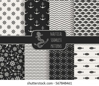 Seamless nautical themed patterns set. Anchors, ship wheel, fish, chevron, waves. Design elements for wall paper, baby shower invitation, birthday card, scrapbooking, fabric print. Vector illustration