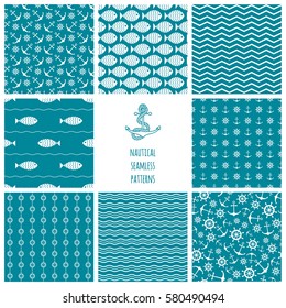 Seamless nautical themed patterns set. Anchors, ship wheel, fish, chevron, waves. Design elements for wall paper, baby shower invitation, birthday card, scrapbooking, fabric print. Vector illustration