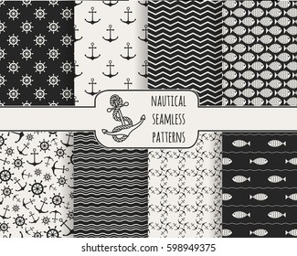 Seamless nautical themed patterns set. Anchors, ship wheel, fish, chevron, waves. Design elements for wall paper, baby shower invitation, birthday card, scrapbooking, fabric print. Vector illustration