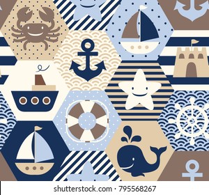 Seamless nautical themed vector pattern on cream background.