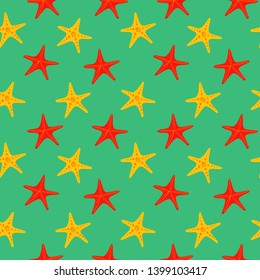 Seamless nautical vector pattern. Cute colorful sea stars. Hand drawn illustration for kids. Cartoon flat style. Marine background. Childish pencil drawing. Sea Life.