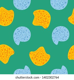 Seamless nautical vector pattern. Cute colorful sea shells. Hand drawn illustration for kids. Cartoon flat style. Marine background. Childish pencil drawing. Sea Life.