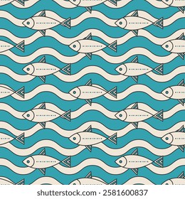 Seamless nautical vector pattern with stylized fish and wavy lines on turquoise background. Marine themed design for textile, wallpapers and packaging.