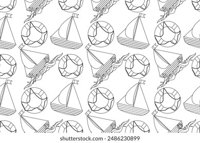 Seamless nautical-themed pattern for coloring. Features sailboats, life rings, and waves in black and white. Ideal for both kids and adults.