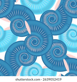 Seamless nautilus shell pattern in blue and pink – stylized marine vector design with spiral forms for fabric, wallpaper, packaging, or stationery