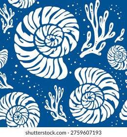 Seamless Nautilus Shell Pattern, Marine Coral Background in Minimal Vector Style