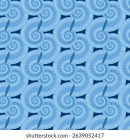 Seamless nautilus shell pattern in monochrome blue – elegant marine vector with geometric spiral motif for fabric, wallpaper, packaging, or interior decor