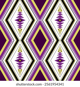 seamless Navajo-inspired design in purple would feature geometric patterns, intricate symmetry, and traditional motifs. These might include zigzags, diamonds, and stripes that reflect Native American 