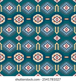 seamless Navajo-inspired pattern featuring blue tribal vector designs with abstract Aztec geometric elements. Perfect as a stylish, ethnic hipster background for wallpapers, clothing, fabric, paper, a