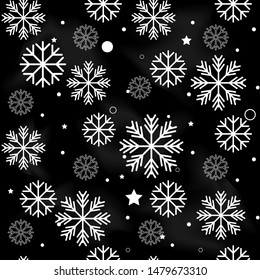 Seamless navy black background with snowflakes. Pattern snowfall with sparkling flares.