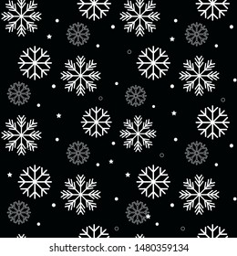Seamless navy black background with snowflakes. Pattern snowfall with sparkling flares.