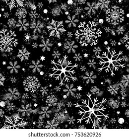 Seamless navy black background with snowflakes. Pattern snowfall with sparkling flares.