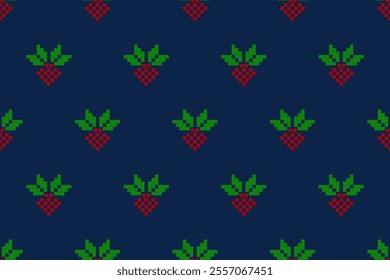 Seamless navy blue background with pixel art holly leaves and red berries design, perfect for Christmas-themed textiles, wrapping paper, festive patterns, and holiday decorations