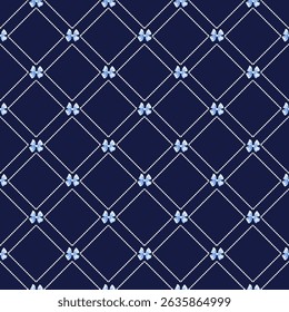 Seamless Navy Blue Bow Lattice Pattern, Elegant Repeating Grid with Polka Dot Lines and Ribbons