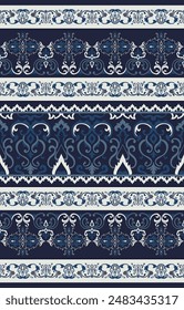 Damasco azul marino sin costuras, Elementos abstractos para patrones de tela bordados y estampados étnicos.