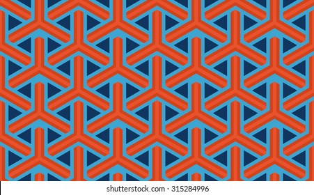 Seamless navy blue and orange isometric tridents outline pattern vector