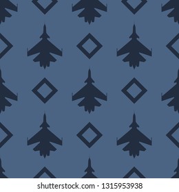 Seamless navy blue pattern with fighter aircraft. Print for gift wrapping with military aircraft. Vector illustration