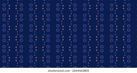 Seamless navy blue pattern with muted pink and soft blue dotted elements. Great for textiles, web, or digital art. 